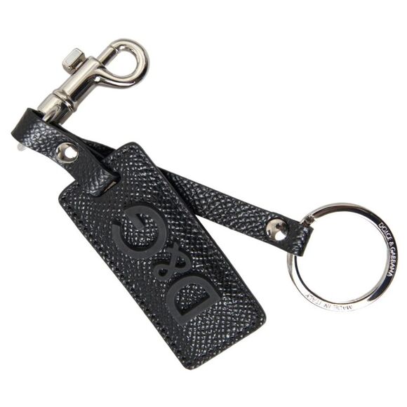 Dolce & Gabbana Black DG Logo Leather Silver Metal Men's Keychain